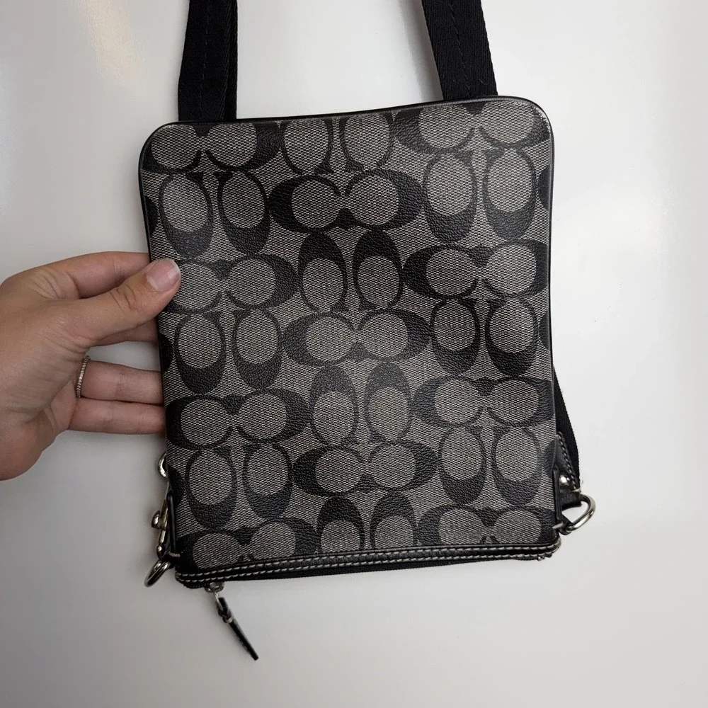 Coach Crossbody Bag Womens Small Black Signature Avary Canvas Stripe Blue Lining